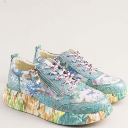 Фешън дамски сникърси в зелено с цветен принт и  цветно ходило LAURA VITA 0006754zps