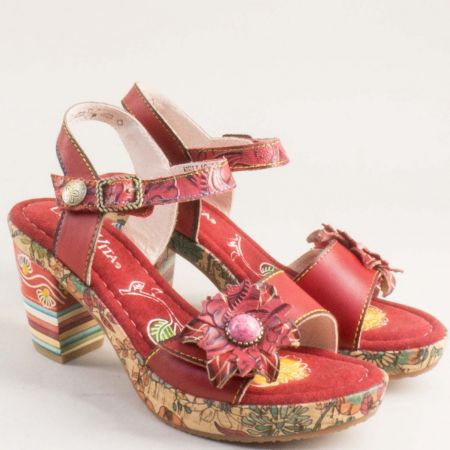 Фешън дамски сандалои в червена кожа с флорални мотиви  0007684chv