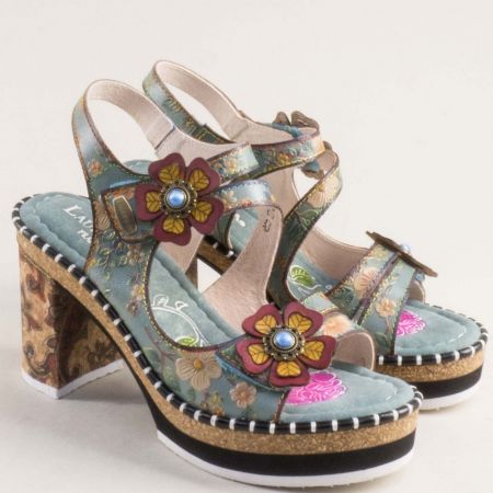 Зелени дамски сандали LAURA VITA на висок ток с ефектно цвете 0007790zps