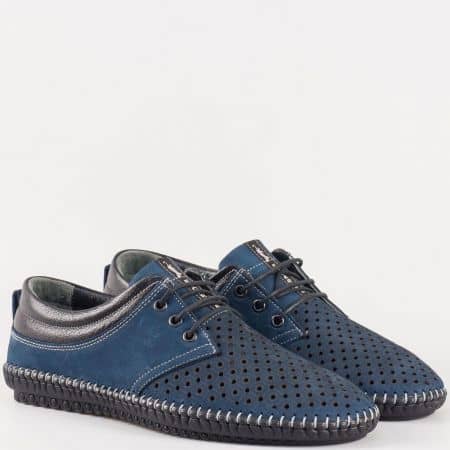 Мъжки обувки за всеки ден на комфортно гъвкаво ходило изработени от висококачествен естествен набук и кожа в син цвят 00105ns