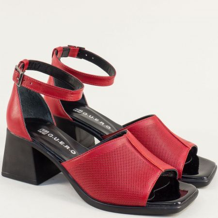 Червени кожени  дамски сандали на черен висок ток  0192437chv