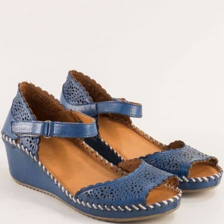 Дамски сандали на платформа в син цвят естествена кожа 02614062s