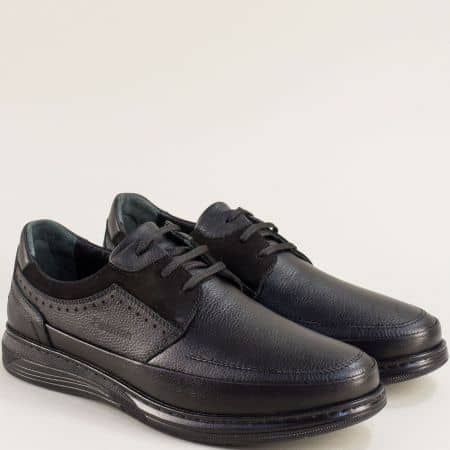 Черни комфортни мъжки обувки естествена кожа с връзки 03005ch