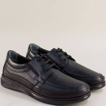 Комфортни мъжки черни обувки с връзки естествена кожа 03007ch