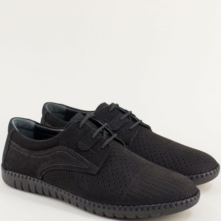 Черни мъжки обувки тип мокасини в черен набук и връзки 05002nch