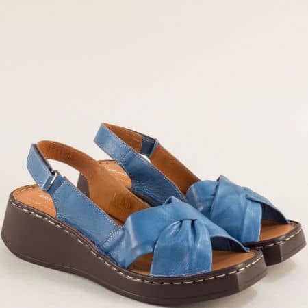 Сини дамски сандали на платформа естествена кожа 0511s