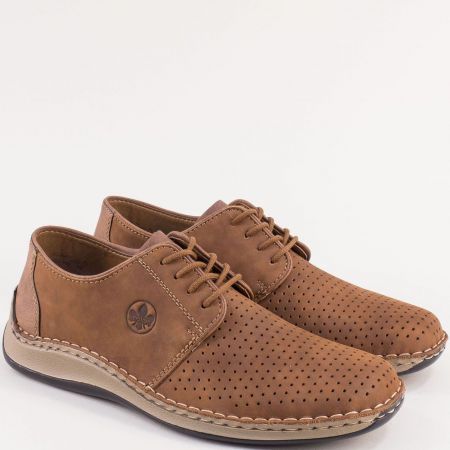 Перфорирани мъжки обувки в кафяв набук с връзки Rieker 05226nk