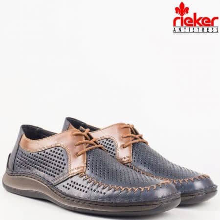 Мъжки комфортни обувки с вградена Flex-Comfort система изработени от висококачествена естествена кожа на Rieker в син и кафяв цвят 05227s