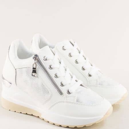  Бели спортни  дамски обувки с цип и връзки 0607-40b