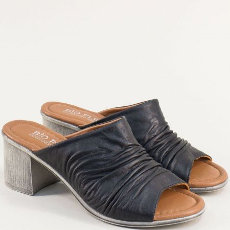 Черни дамски чехли на среден ток естествена кожа 06115ch1