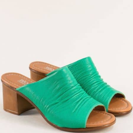 Зелени дамски чехли на среден ток естествена кожа 06115z
