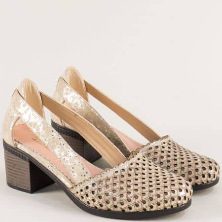Златни дамски сандали на среден ток от естествена кожа  1009559zl