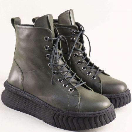 Зелени дамски боти на модерно ходило с връзки и цип 10549z