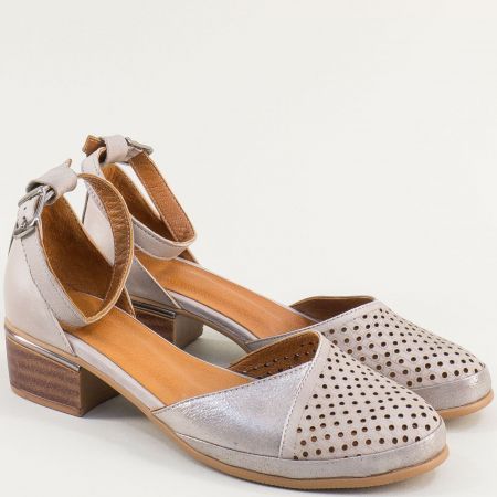 Дамски сандали на нисък ток естествена кожа в сив цвят 1070sv