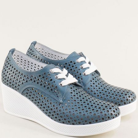 Сини дамски обувки на бяла платформа с кожена стелка 13214810s