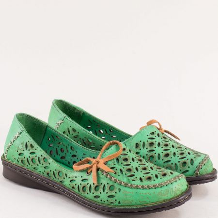 Зелени дамски обувки с перфорация от естествена кожа 1403z