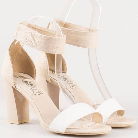 Дамски актуални сандали на висок ток в бяло и бежово с кроко принт, лепка и кожена стелка- Eliza 15001bj