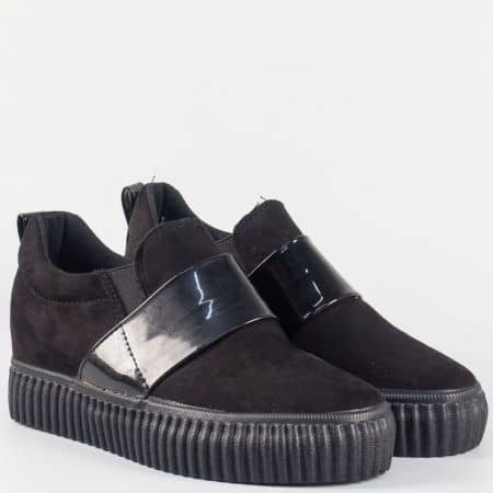 Дамски атрактивни обувки в черен цвят на платформа с два ластика 163029vch