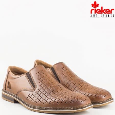 Мъжки ежедневни обувки произведени от 100% естествена кожа с кожена стелка на Antistress ходило на Rieker в тъмно кафяв 1767kk