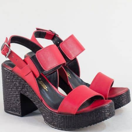Червени дамски сандали от естествена кожа на висок ток и платформа 1800655chv
