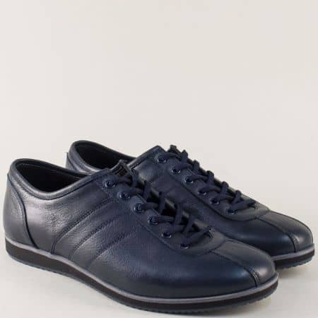Равни мъжки обувки с връзки от синя естествена кожа 18202s