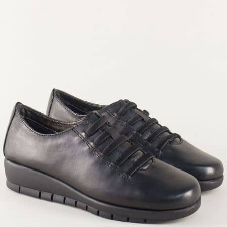 Черни дамски обувки от естествена кожа на платформа 190916ch