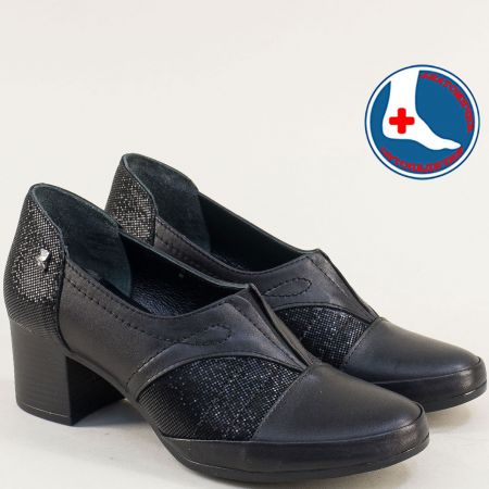 Черни  дамски обувки в комбинация кожа и сатен на ток 1911960sch