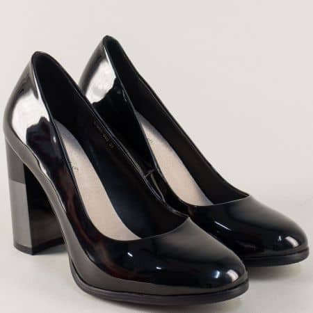 Лачени дамски обувки на висок стабилен ток в черен цвят 196455lch