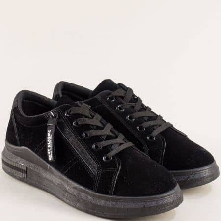 Дамски черни велурени обувки с цип и връзки 2001-40vch