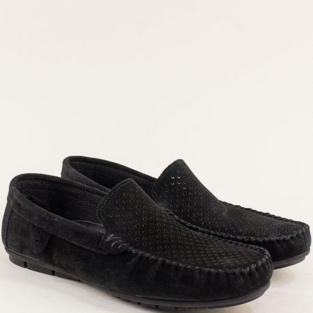 Перфорирани мъжки равни обувки в черен естествен велур 200dvch