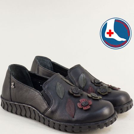 Анатомични дамски обувки естествена кожа в черно на цветя  2050862ch