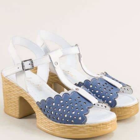 Естествена кожа  дамски сандали в синьо с бели каишки  2201sb