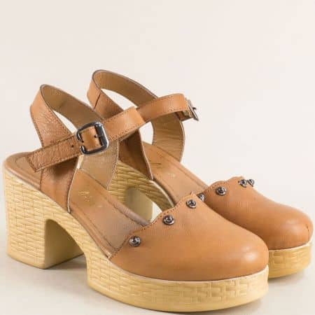 Дамски сандали естествена кожа в кафяв цвят с каишка 2203k1