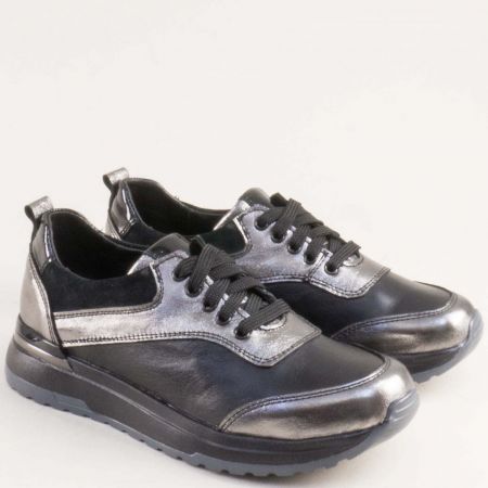 Черни кожени дамски сникърси с бронзови акценти на български производител 26-22574chsv