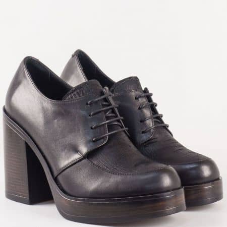 Черни дамски обувки с връзки на висок ток, изцяло от естествена кожа  26515ch