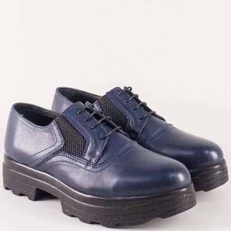 Сини дамски обувки от естествена кожа с връзки на платформа 26575s