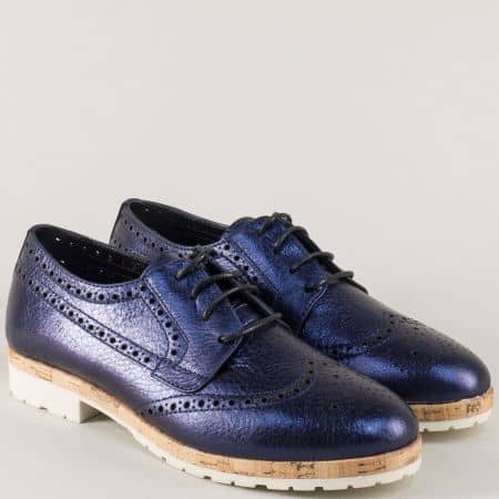 Сини дамски обувки от естествена кожа на нисък ток  27090s