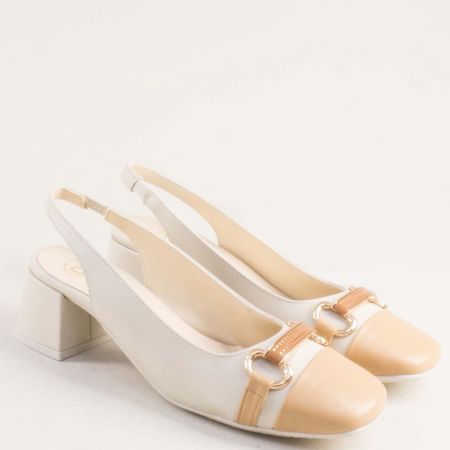 стилни дамски сандали в бежов цвят от естествена кожа на среден ток 28127bj