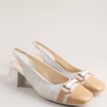 Сребърни дамски елегантни сандали с бежова декорация на ток 28127sr