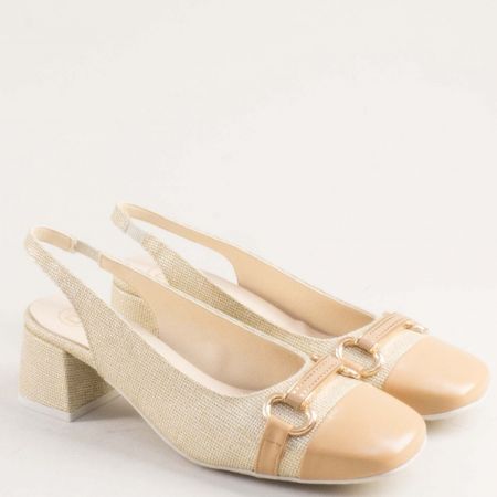 Златни дамски сандали от естествена кожа с бежови акценти 28127zl