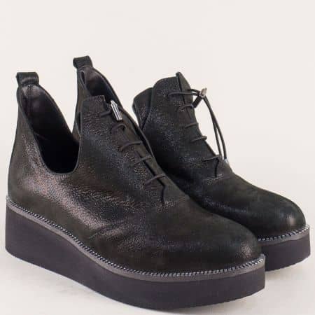 Черни дамски обувки на платформа от естествена кожа с връзки 315364sch