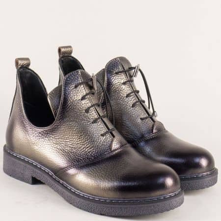 Кожени дамски обувки на нисък ток в цвят бронз 315418brz