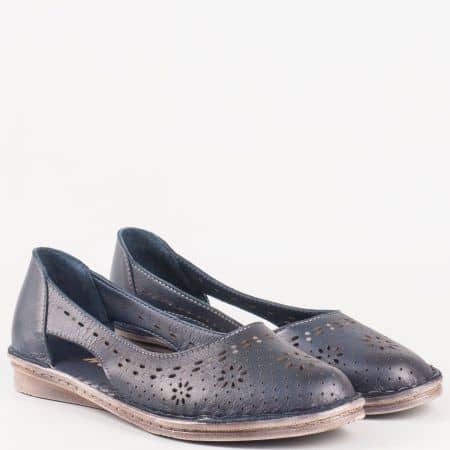 Дамски ежедневни обувки на равно ходило от перфорирана естествена кожа в син цвят 3327s