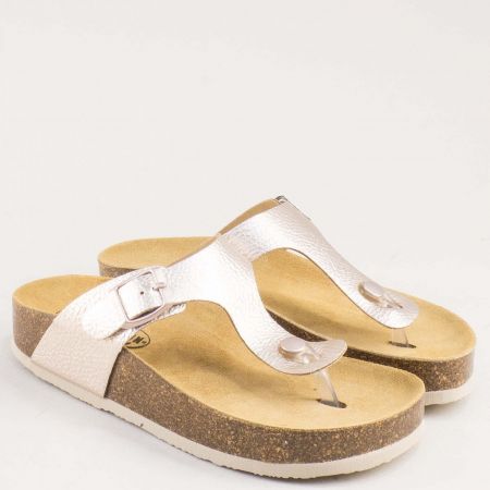 Златни дамски кожени  чехли с розов блясък PLAKTON 341671rzzl