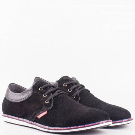 Мъжки ежедневни обувки от висококачествен естествен велур и кожа на известен български производител в черен цвят 34410vch