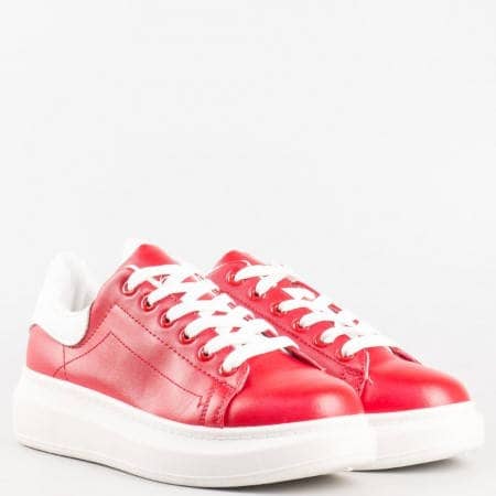 Дамски спортни обувки с връзки на комфортно ходило в червен цвят на български производител 35-40chv