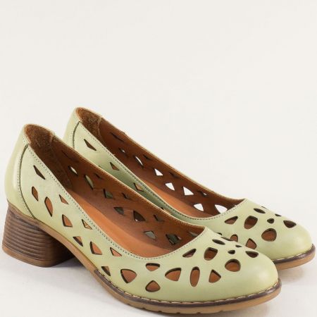 Зелени дамски обувки от естествена кожа на нисък ток 35442z1