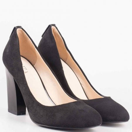 Дамски елегантни обувки с кожена стелка на висок стабилен ток в черен цвят 372vch