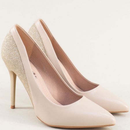 Елегантни дамски обувки на висок тънтк ток в бежов цвят 3921bj