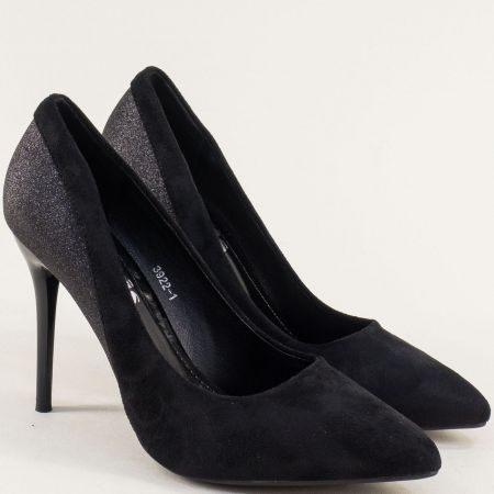 Стилни дамски обувки в комбинация от черен велур и сатен 3922sch